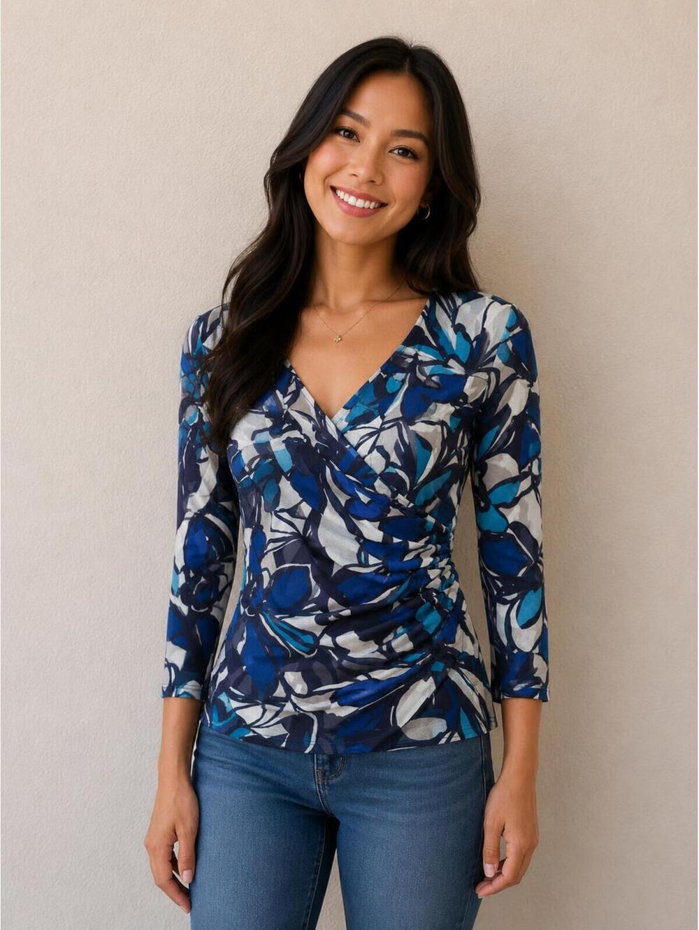 Sweet Pea Blue and Gray Floral Print Ruched V-Neck Top